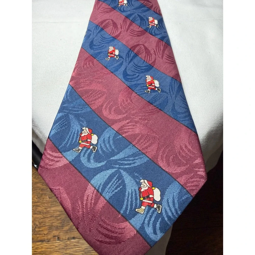 Christmas Santa Claus Holiday Tie‎ Burgundy Blue Striped Mens Necktie